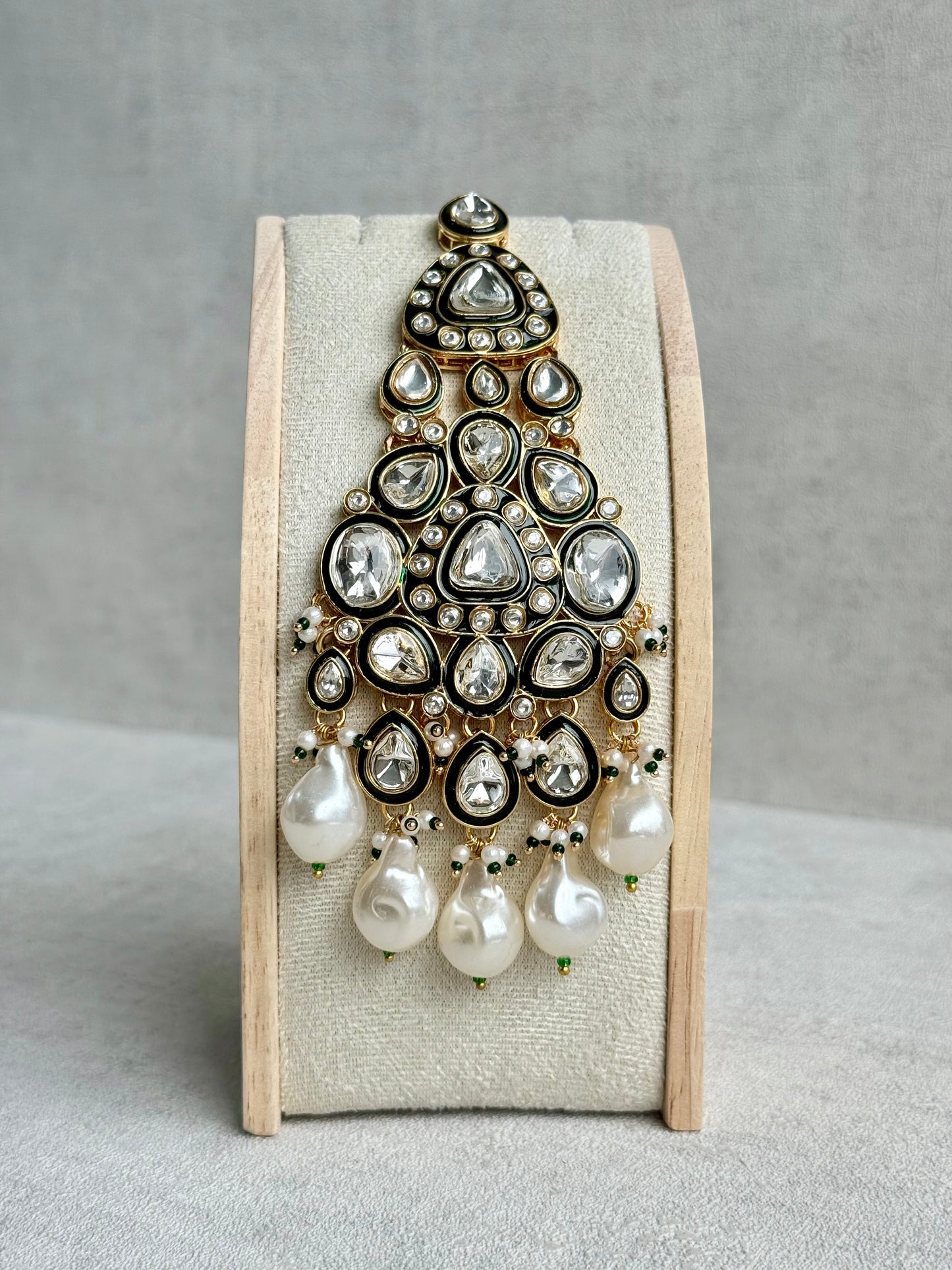 Ayura Designs Salma Jhoomar Passa – Kundan Teardrop Stones with Baroque Pearl Drops & Antique Gold Finish