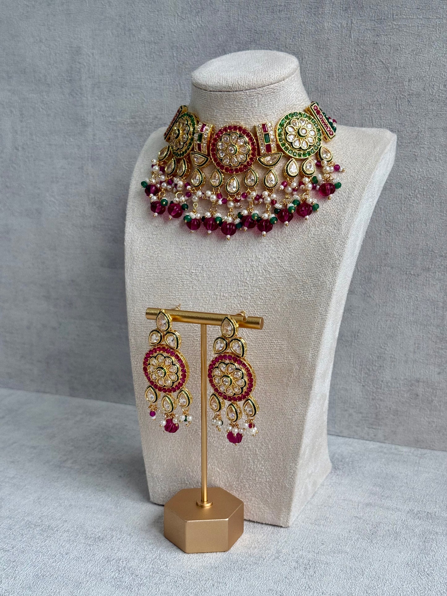 Ayura Designs Yasvi Set – Necklace & Earrings with Mirror-Cut Stones, Fuchsia Pink, Emerald Green & Pearl Detailing