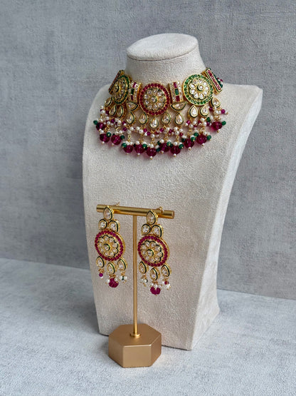 Ayura Designs Yasvi Set – Necklace & Earrings with Mirror-Cut Stones, Fuchsia Pink, Emerald Green & Pearl Detailing