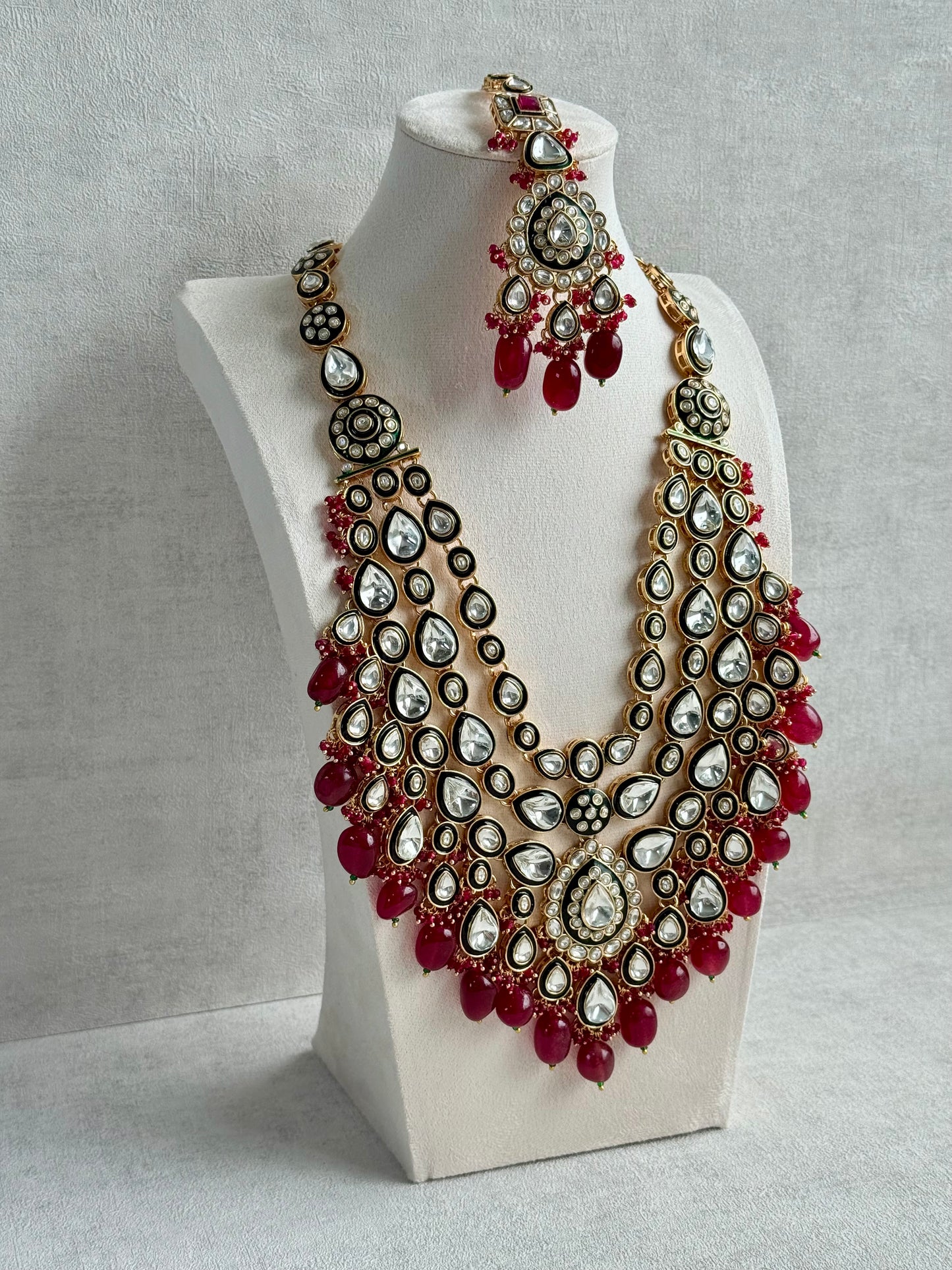 Ayura Designs Zahira Bridal Set with Necklace, Earrings & Tikka – Kundan Detailing with Green Enamel, Ruby Pink Stones & Maroon Bead Drops