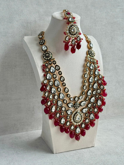 Ayura Designs Zahira Bridal Set with Necklace, Earrings & Tikka – Kundan Detailing with Green Enamel, Ruby Pink Stones & Maroon Bead Drops