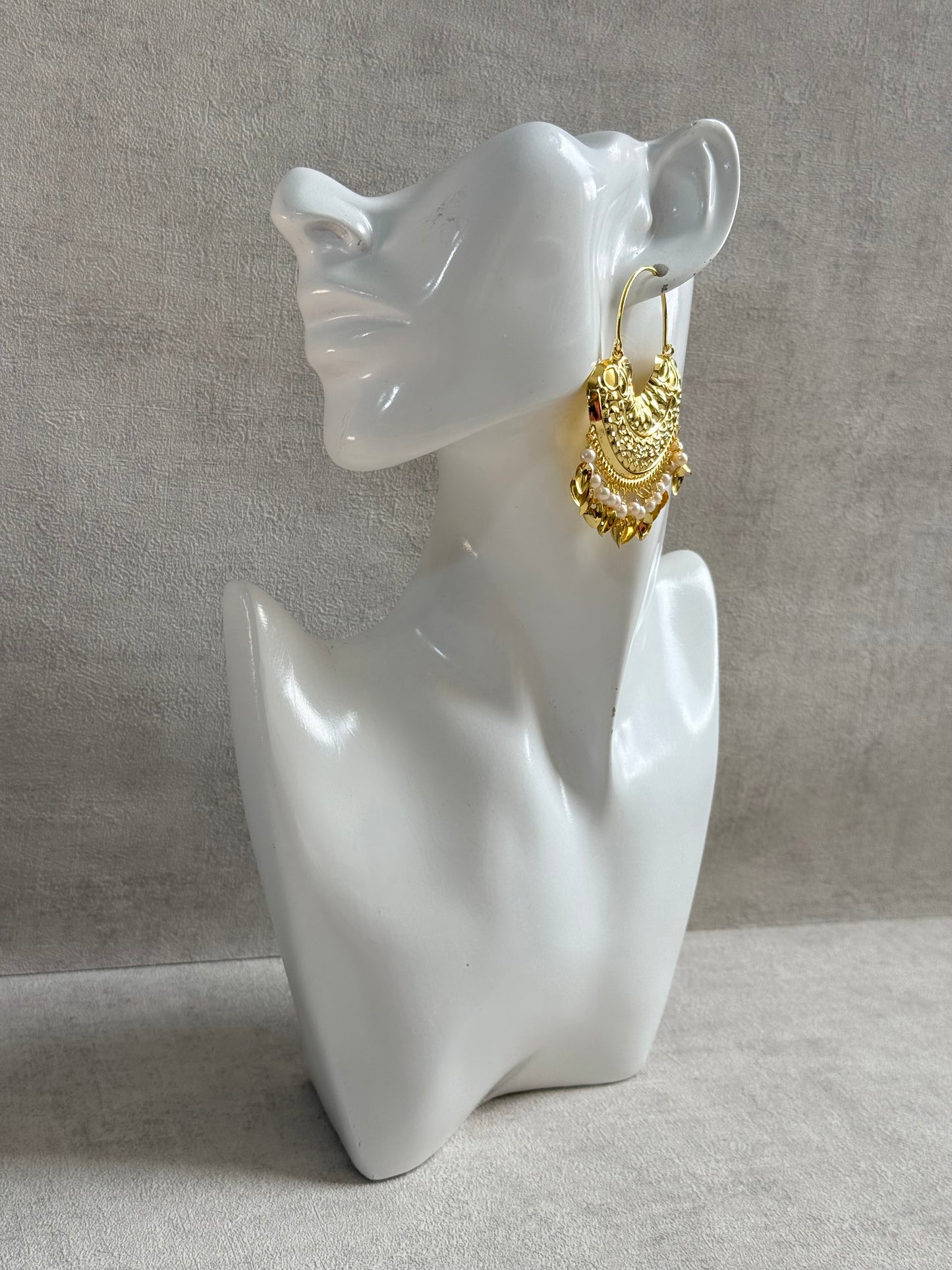 Ayura Designs Surkhab Balis – Pippal Patti Statement Earrings with Pearls & Gold Leaf Charms