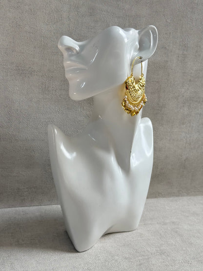 Ayura Designs Surkhab Balis – Pippal Patti Statement Earrings with Pearls & Gold Leaf Charms