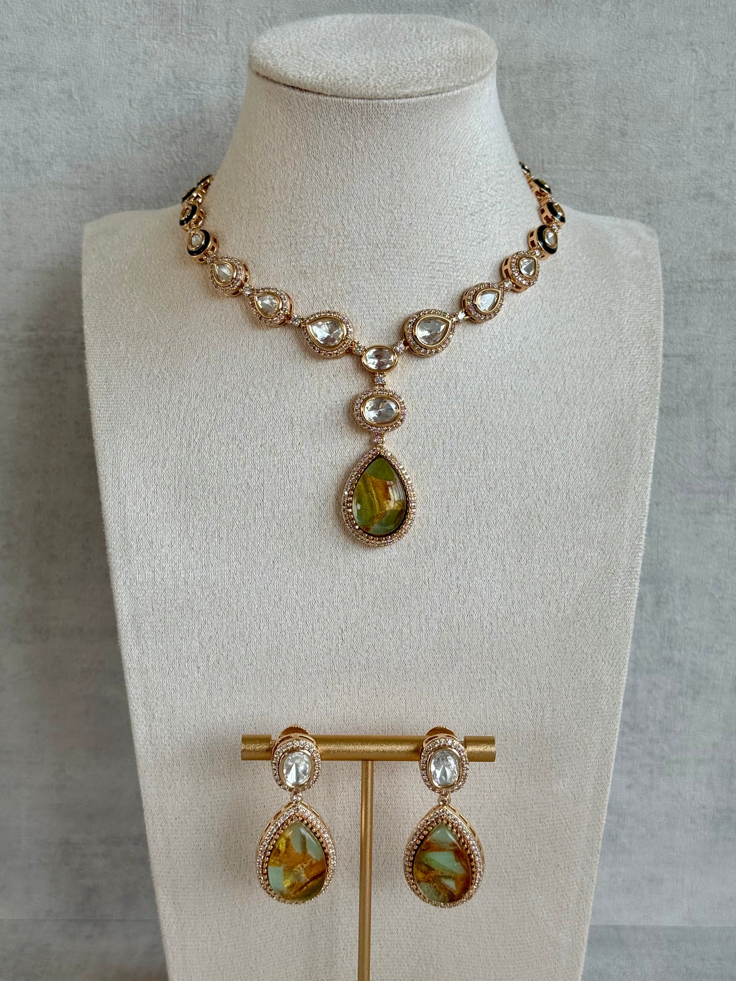 Ayura Designs Lilly Necklace Set with Earrings – Moissanite Stones with Marble Green Teardrop Pendant & Crystal Detailing