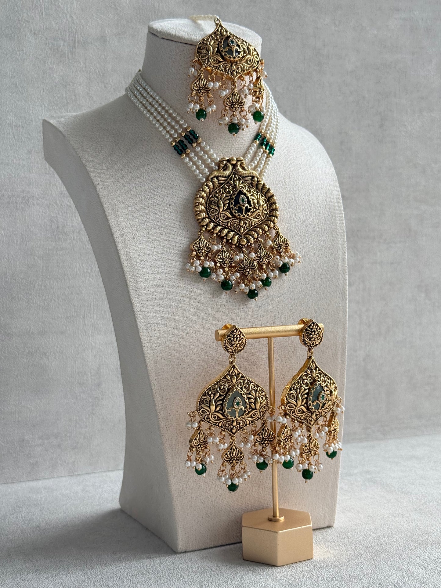 Ayura Designs Afia Necklace Set with Earrings & Tikka – Antique Gold, Emerald Green Beads, Green Centre Stone & Peacock Motifs