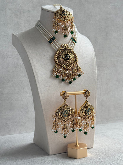 Ayura Designs Afia Necklace Set with Earrings & Tikka – Antique Gold, Emerald Green Beads, Green Centre Stone & Peacock Motifs
