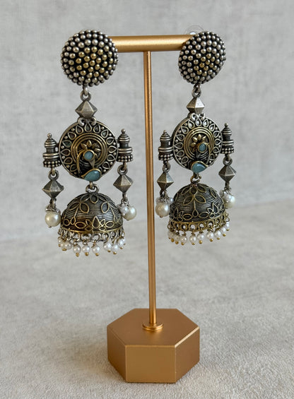 Ayura Designs Elaf Jhumki Earrings – Oxidised Silver Jhumkis with Peacock Motifs, Turquoise Stones & Pearl Drops
