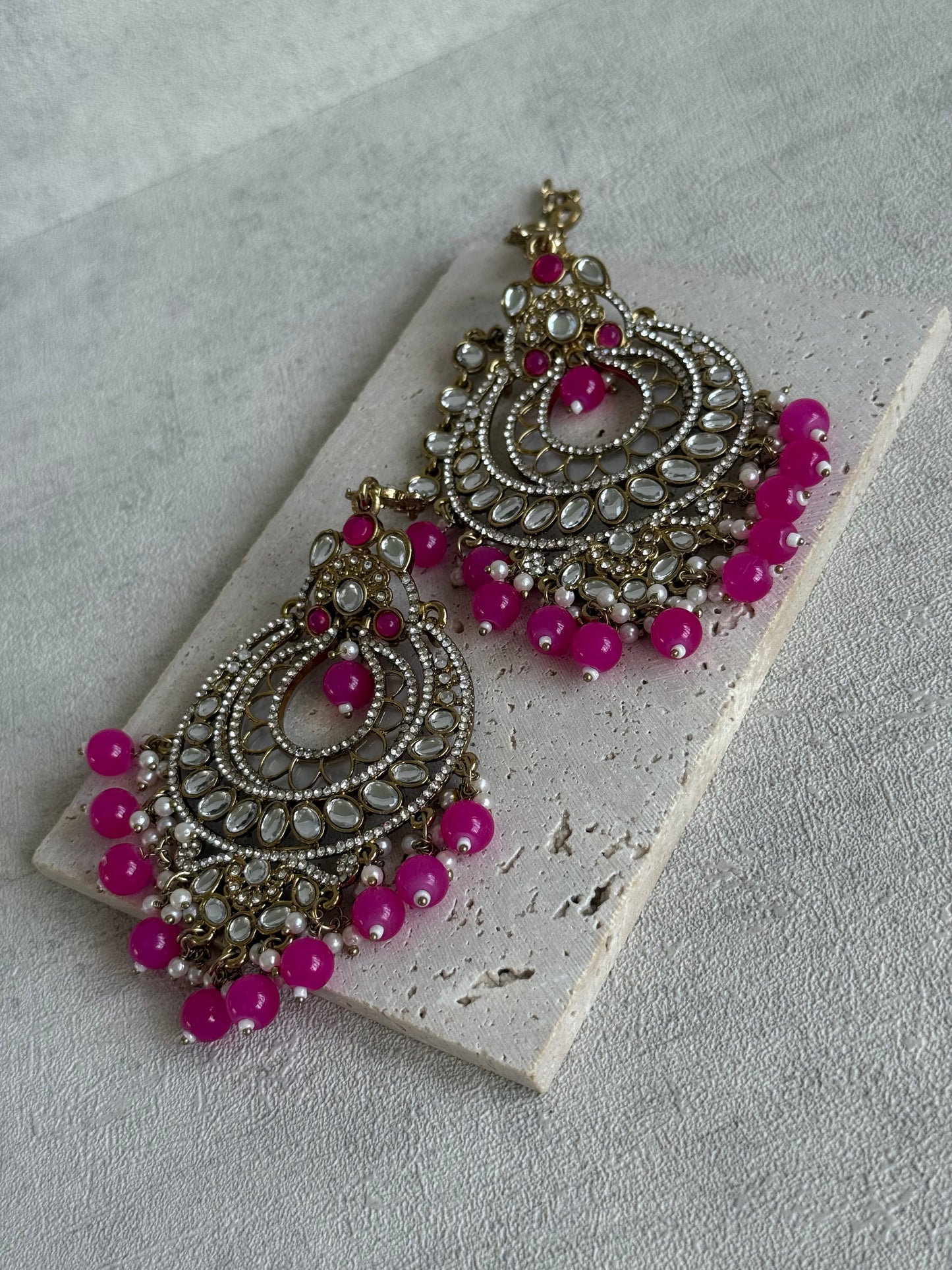 Ayura Designs Rabia Chandbalis – Antique Gold Kundan Earrings with Fuchsia Beads, Pearls & Attached Sahare