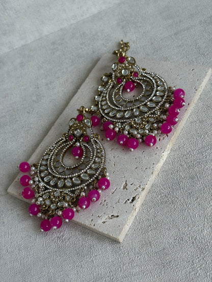Ayura Designs Rabia Chandbalis – Antique Gold Kundan Earrings with Fuchsia Beads, Pearls & Attached Sahare