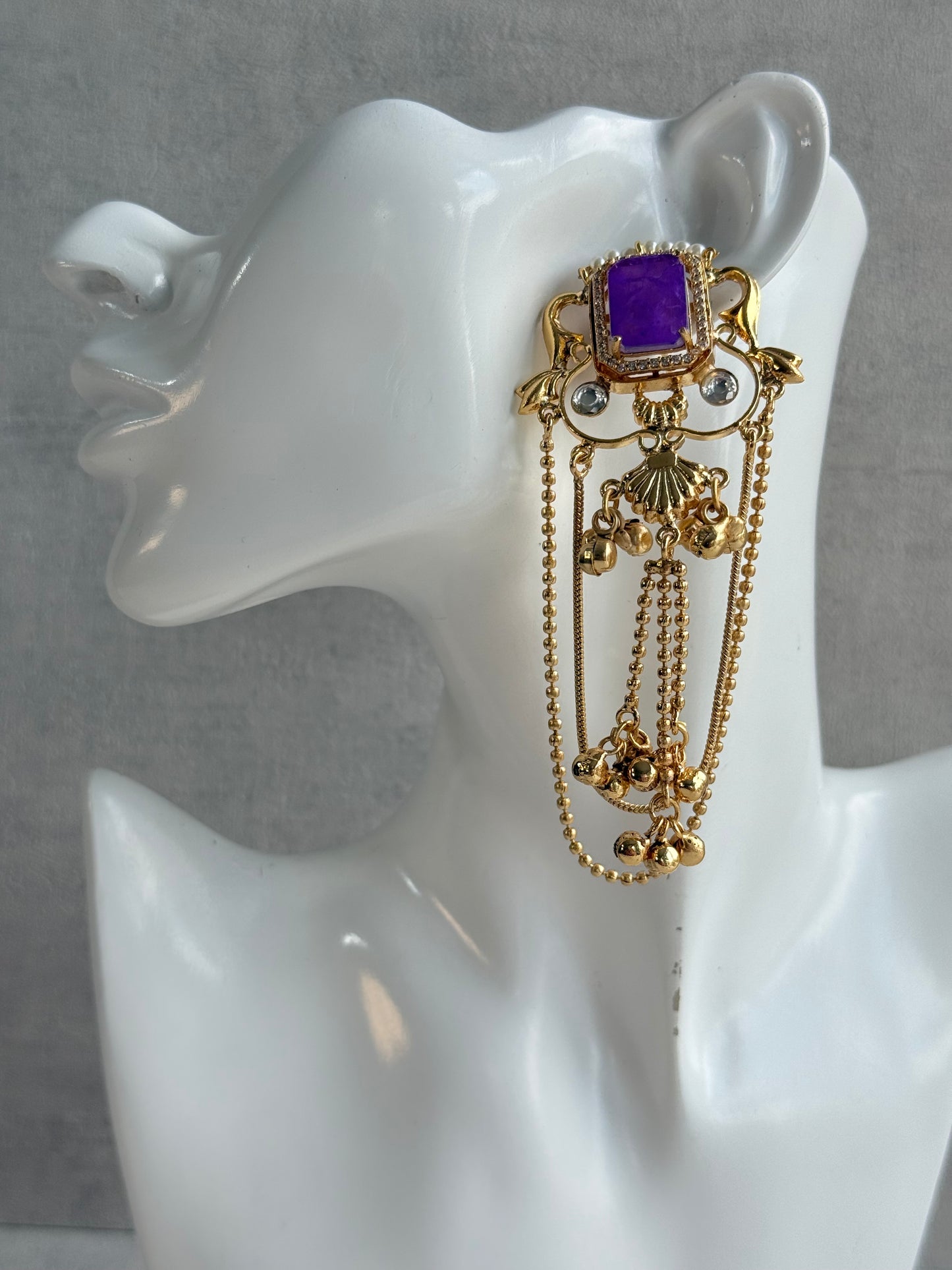 Ayura Designs Jaid Earrings – Royal Purple Floral Motif with Layered Chains & Ghungroos