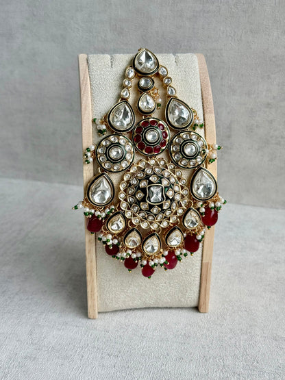 Ayura Designs Suhana Jhoomar Passa – Kundan Jhoomar with Ruby Red Drops, Pearl Detailing & Green Bead Accents