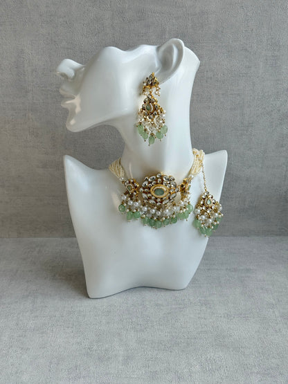 Ayura Designs Tasveer Pachi Kundan Choker Set with Earrings, Tikka & Mint Green Bead Detailing