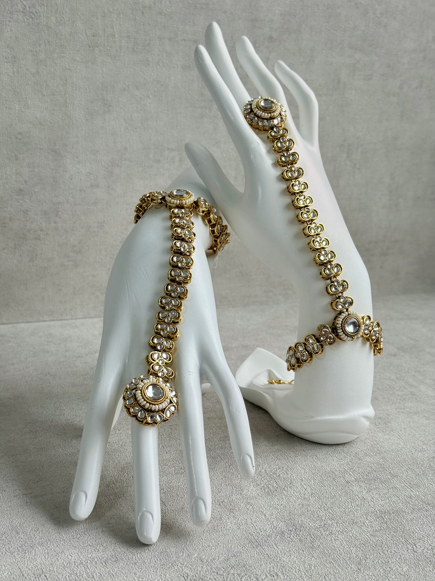 Ayura Designs Maura Haathphool – Antique Gold Hand Harness with Mirror-Cut Stones & Pearl Detailing