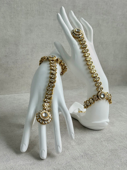 Ayura Designs Maura Haathphool – Antique Gold Hand Harness with Mirror-Cut Stones & Pearl Detailing