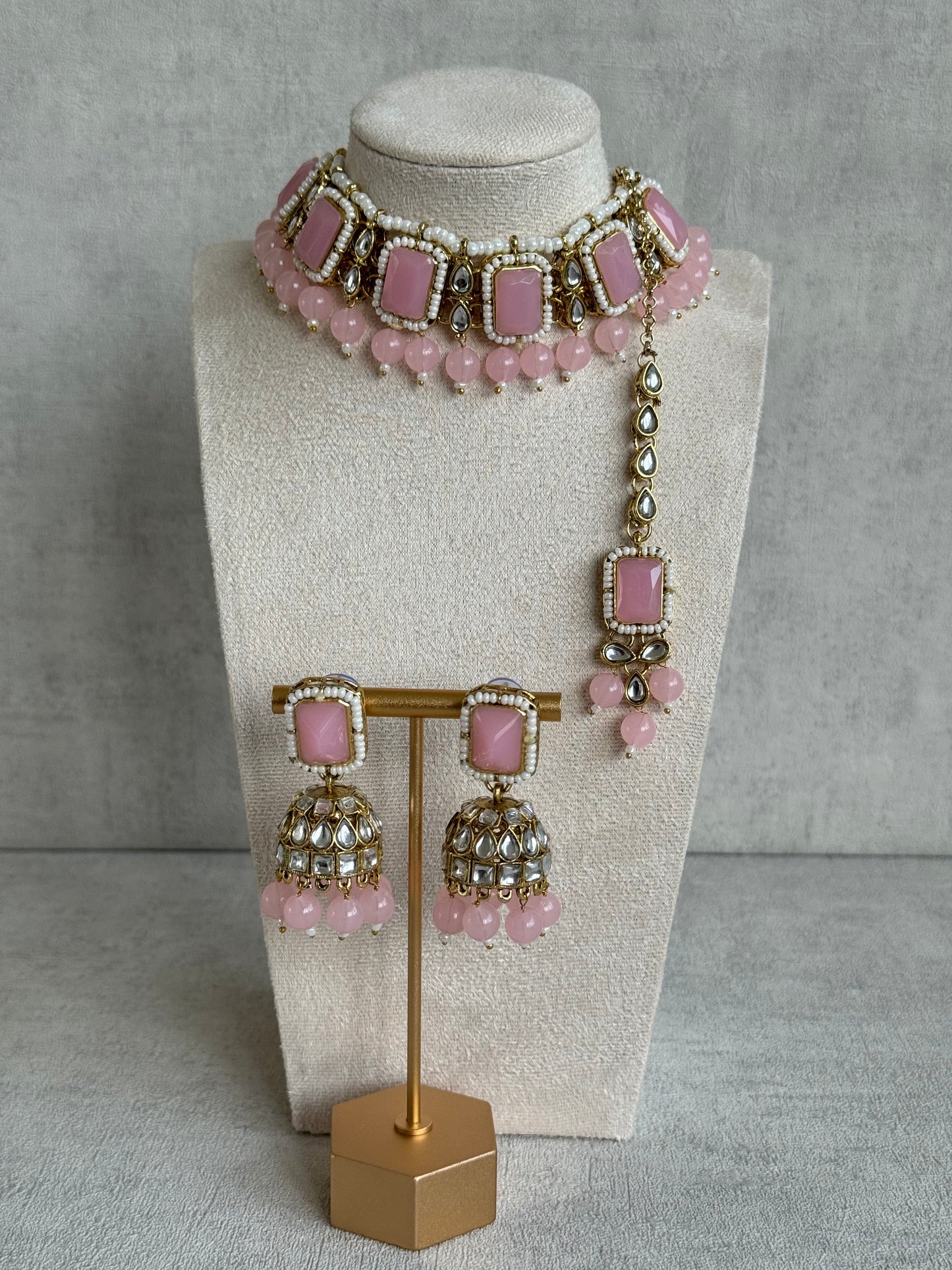 Ayura Designs Samaya Set with Jhumkis & Tikka – Blush Pink Stones, Kundan Detailing & Gold Finish