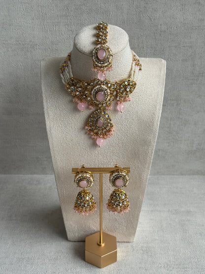 Ayura Designs Muskaan Set – Choker, Jhumkis & Tikka with Blush Pink Beads, Kundan Stones & Antique Gold Finish