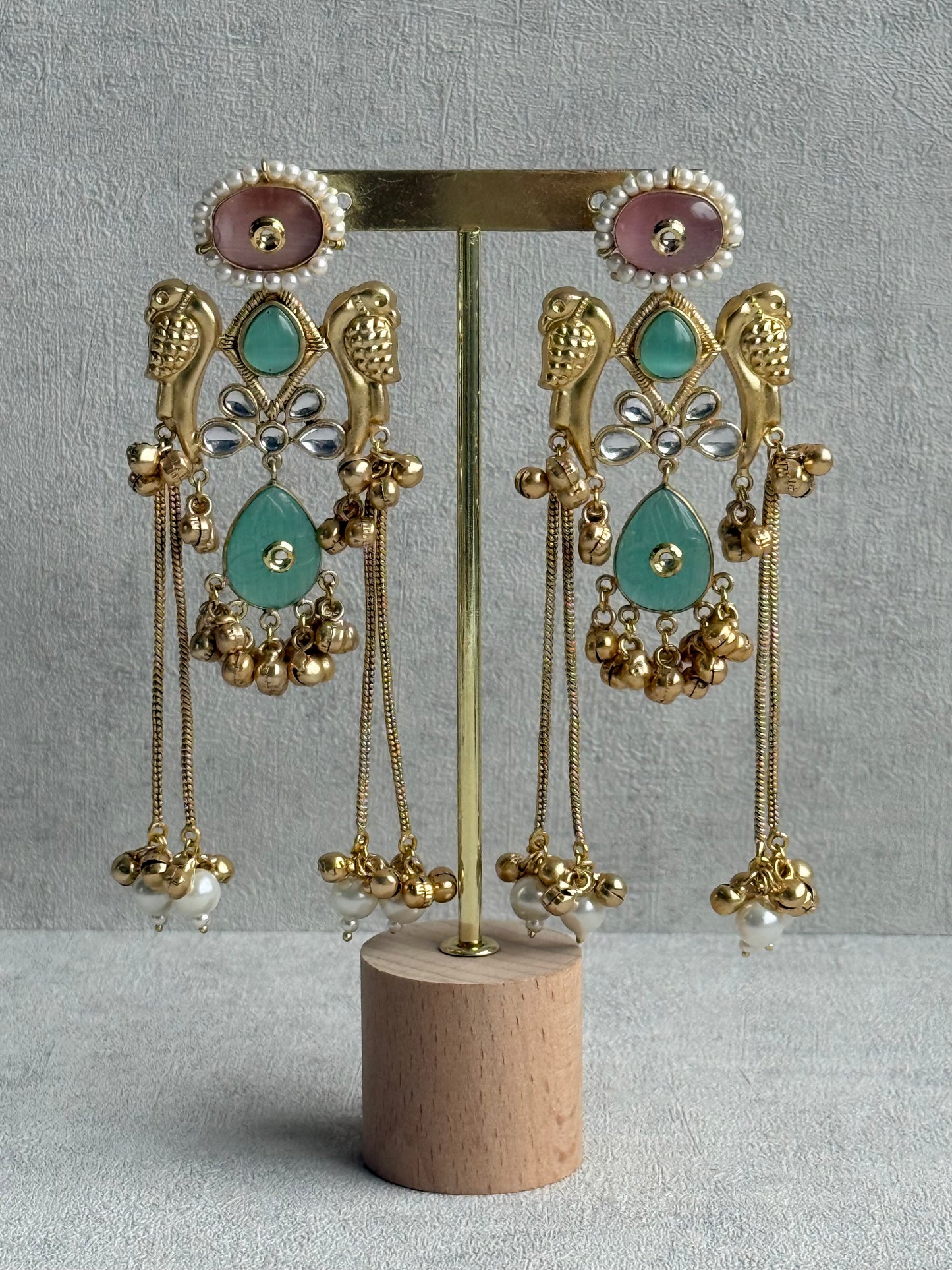 Ayura Designs Mehrun Earrings – Kashmiri Earrings with Mint Green Stones, Blush Pink Detailing & Pearl Drop Chains