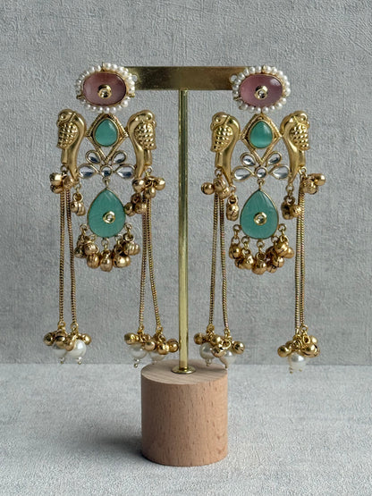 Ayura Designs Mehrun Earrings – Kashmiri Earrings with Mint Green Stones, Blush Pink Detailing & Pearl Drop Chains