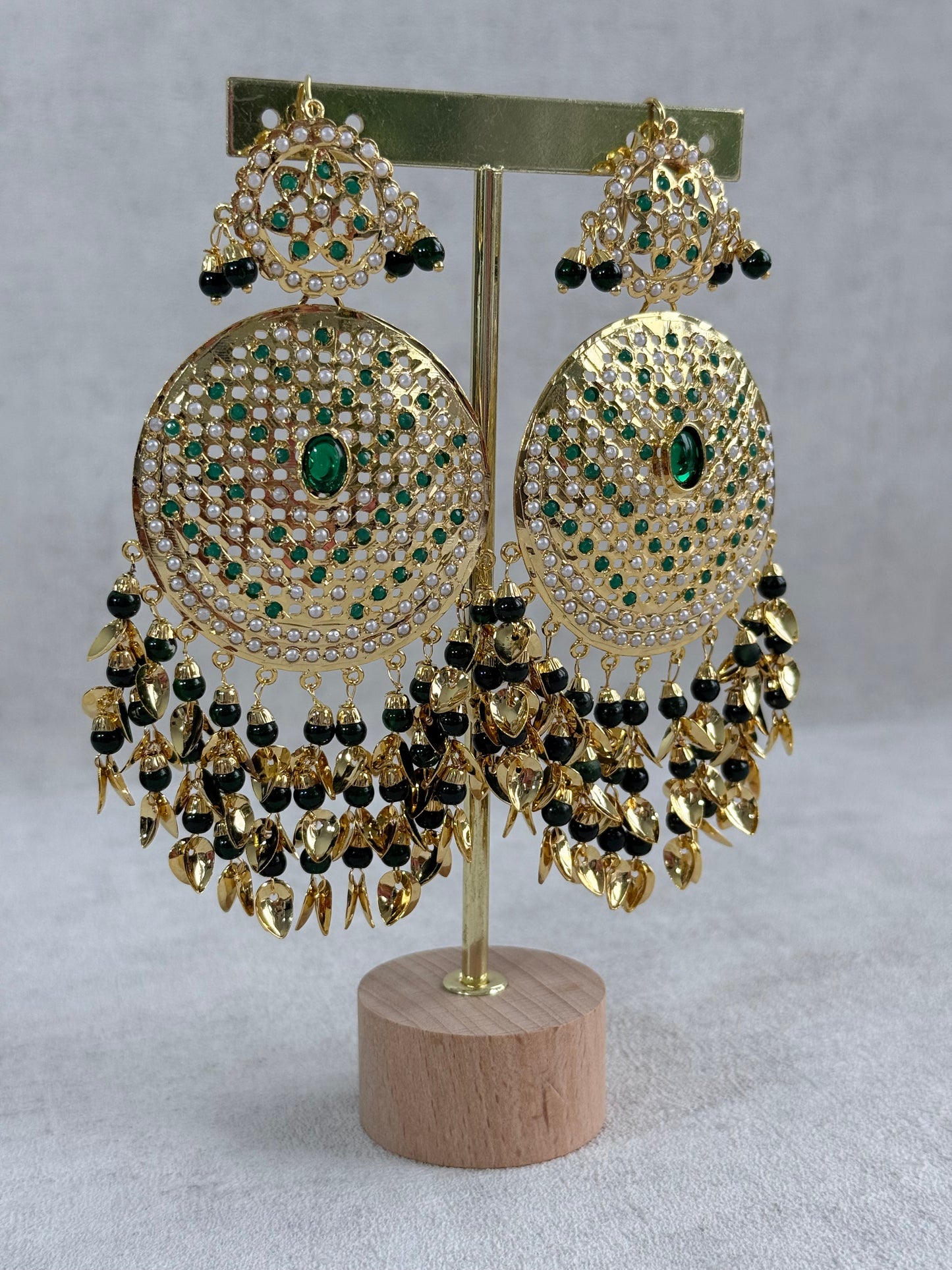 Ayura Designs Seerat Earrings – Emerald Green Gold Pippal Patti Design with Pearls