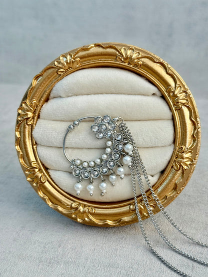 Ayura Designs Kasu Nath – Silver Nath with Pearl Drops, Crystal Detailing & Layered Chain Design