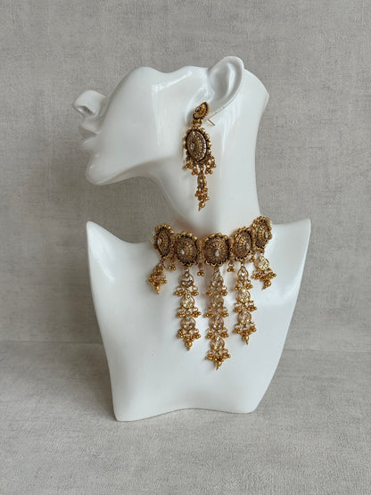 Ayura Designs Kabini Choker Set with Earrings – Gold Kundan Waterfall Choker with Ivory Pearls