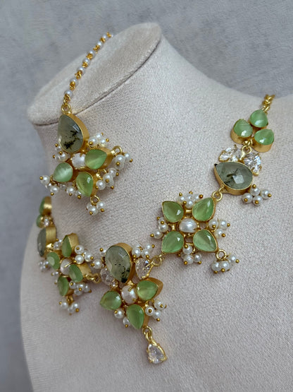 Ayura Designs Zaria Set with Tikka & Earrings – Prehnite with Pearls & Crystals