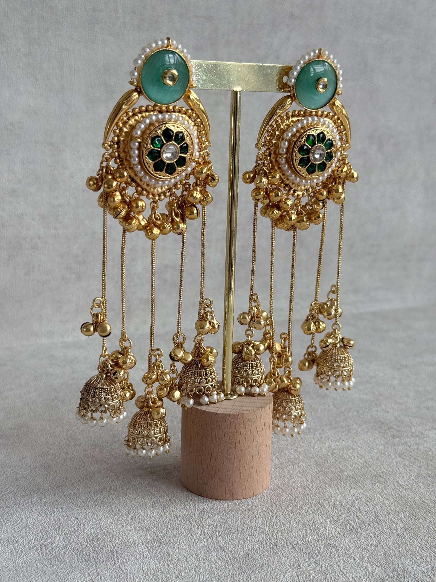 Ayura Designs Shagan Earrings – Mint Green Statement Earrings with Multi Jhumki Drops, Pearl Detailing & Ghungroo Accents