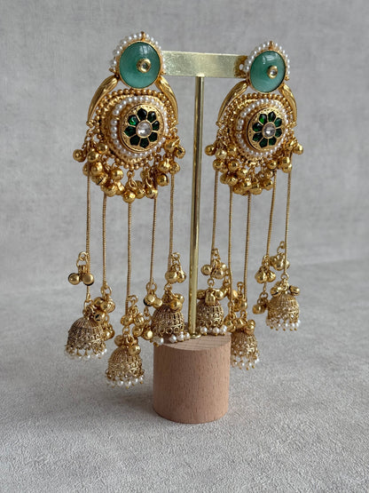 Ayura Designs Shagan Earrings – Mint Green Statement Earrings with Multi Jhumki Drops, Pearl Detailing & Ghungroo Accents