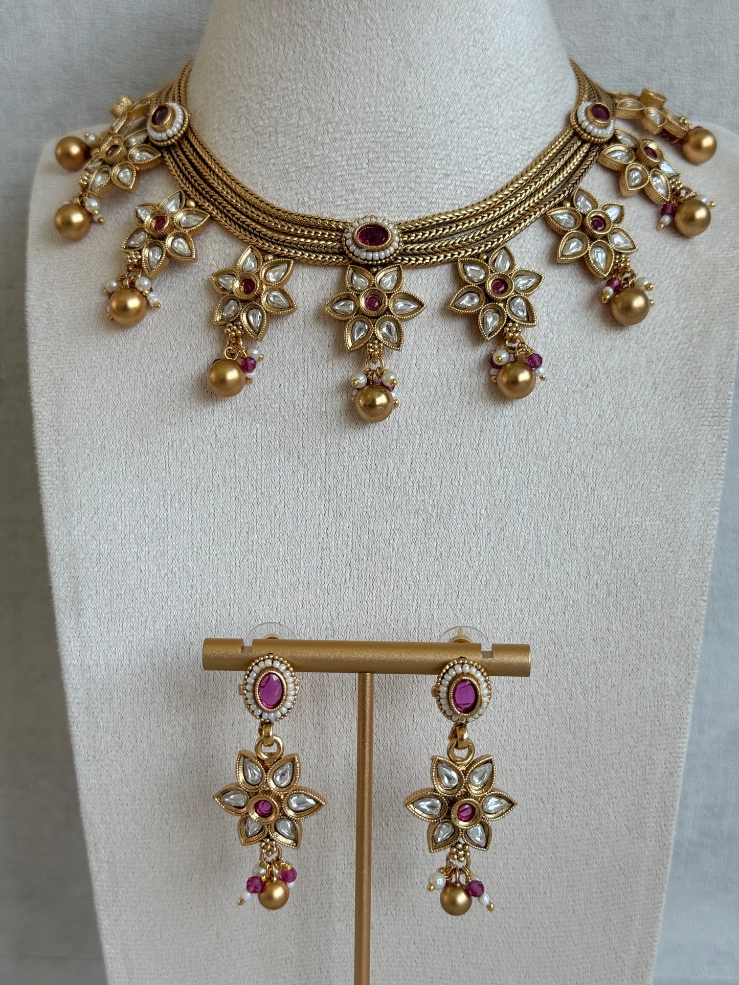 Ayura Designs Daksha Necklace Set with Earrings – Gold Layered Chain Necklace with Ruby Pink Kundan Floral Motifs
