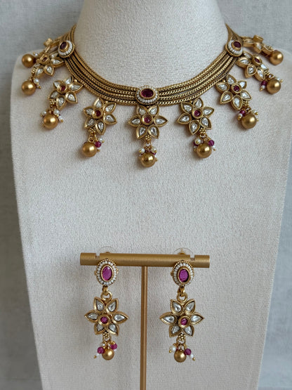 Ayura Designs Daksha Necklace Set with Earrings – Gold Layered Chain Necklace with Ruby Pink Kundan Floral Motifs