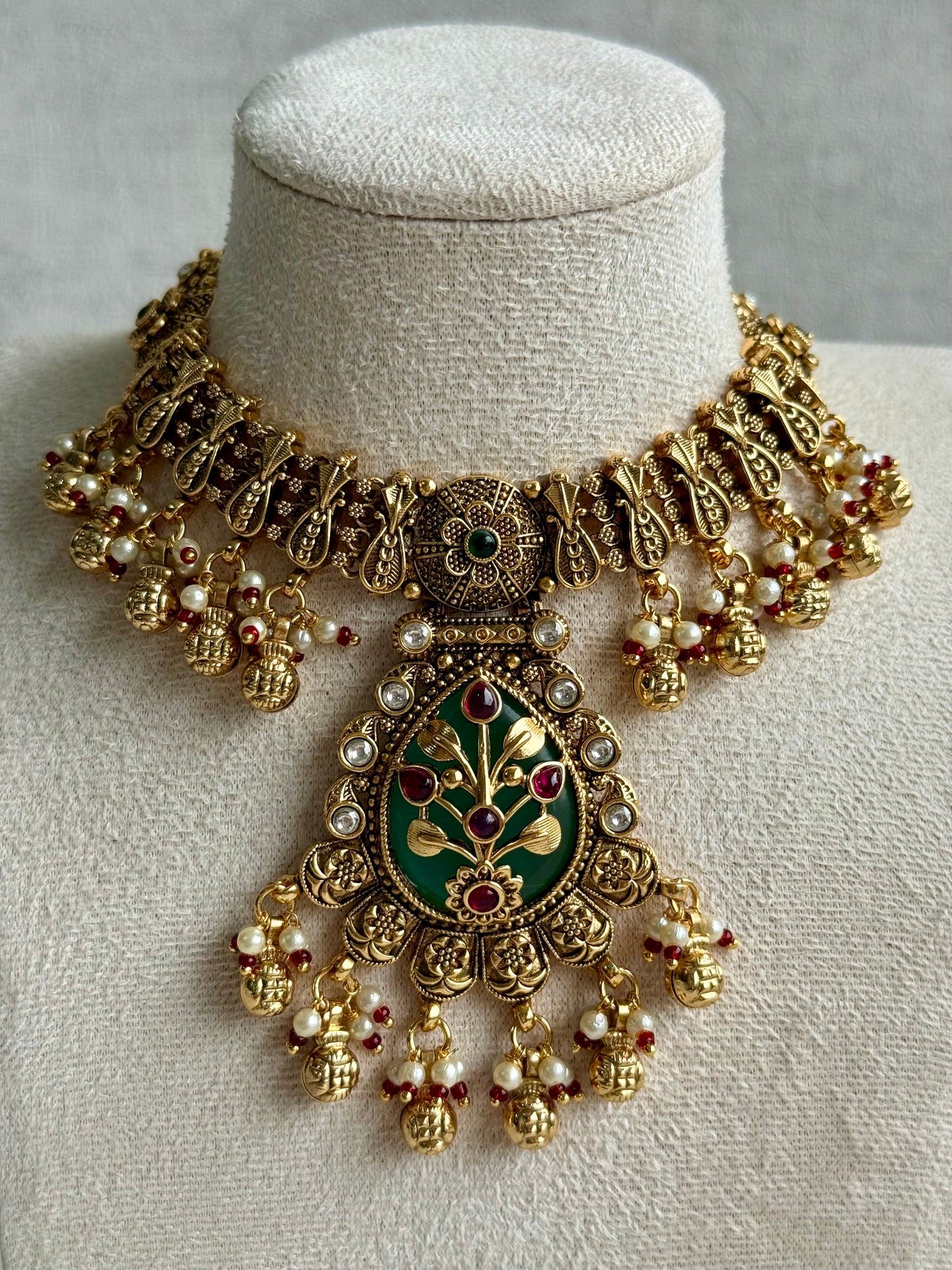 Ayura Designs Divya Set – Antique Gold Choker with Green Meenakari, Ruby Stones & Pearl Detailing