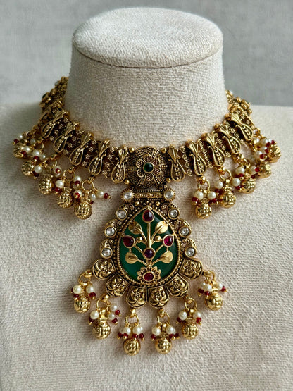 Ayura Designs Divya Set – Antique Gold Choker with Green Meenakari, Ruby Stones & Pearl Detailing