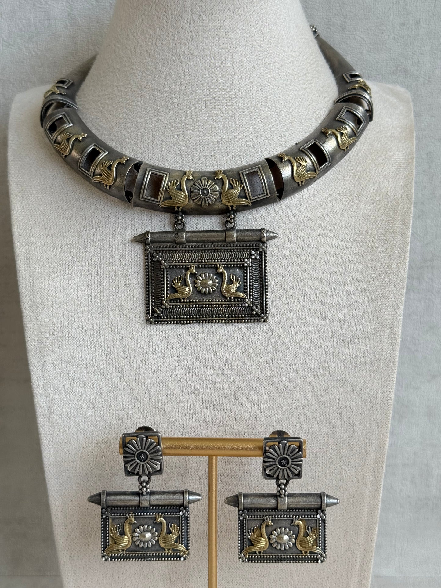 Ayura Designs Naina Necklace Set with Earrings – Dual Tone Oxidised Necklace with Bird Motifs, Black Stone Detailing & Statement Pendant