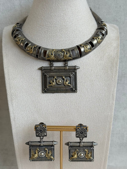 Ayura Designs Naina Necklace Set with Earrings – Dual Tone Oxidised Necklace with Bird Motifs, Black Stone Detailing & Statement Pendant