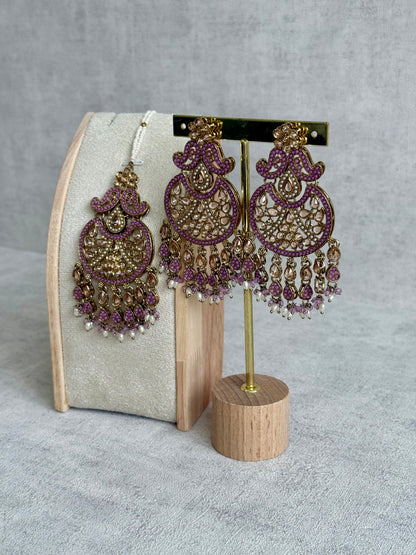 Ayura Designs Anvi Tikka Set with Earrings – Lilac with Champagne Stones & Pearl Drops