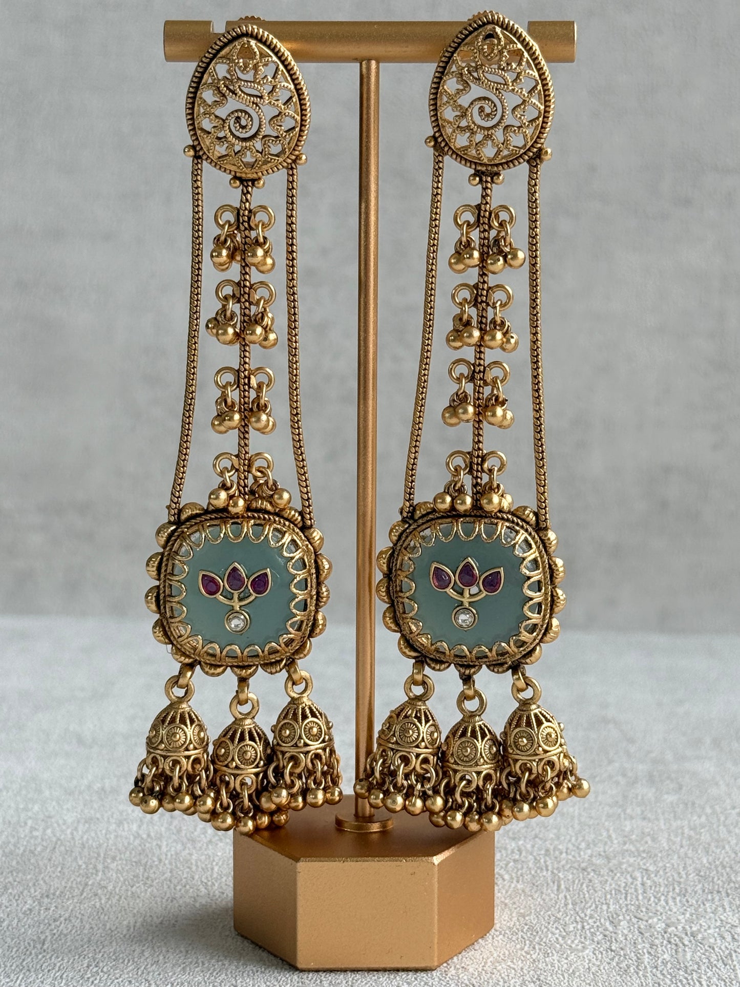 Ayura Designs Ihana Earrings – Mint Green Enamel with Pink Kundan, Ghungroo & Jhumki Detailing