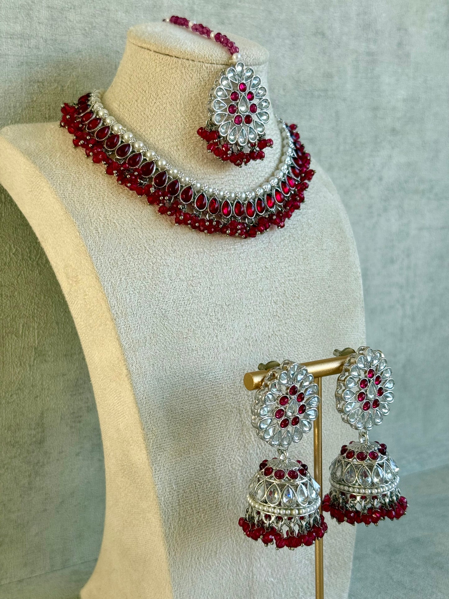 Ayura Designs Saima Set – Necklace, Jhumkis & Tikka in Deep Rose Pink with Silver Finish