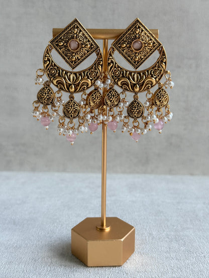 Ayura Designs Samera Choker Set with Earrings & Tikka – Blush Pink Beads, Pearl Detailing, Green Centre Stone, Floral Motifs & Antique Gold Finish