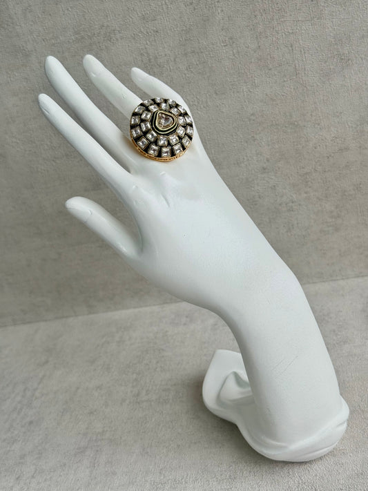 Ayura Designs Zaib Adjustable Ring – Mirror-Cut Stone with Green Enamel & Crystal Detailing