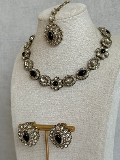 Ayura Designs Ivy Necklace Set with Studs & Tikka – Black Kundan Detailing