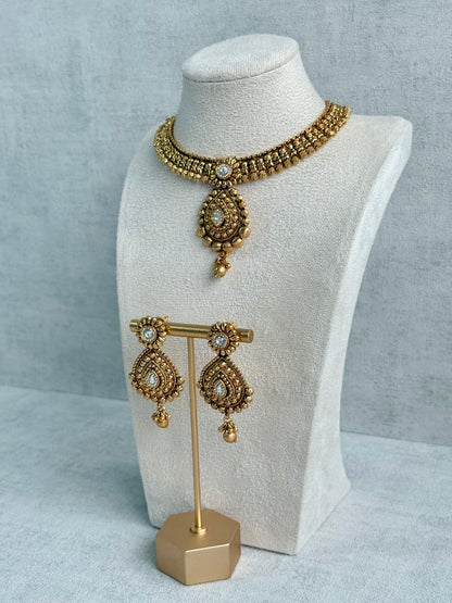 Ayura Designs Ayma Necklace Set with Earrings – Antique Gold Finish with All-Crystal Detailing