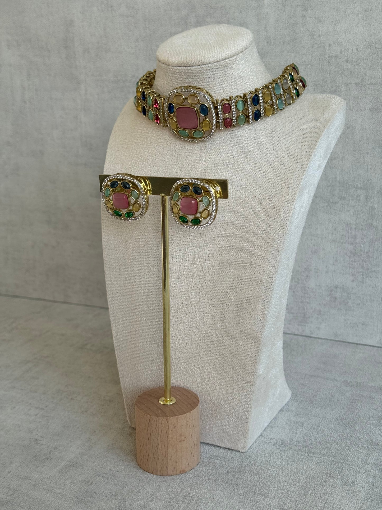 Ayura Designs Kiara Choker Set with Stud Earrings – Multicolour Stones, Moissanite Brilliance & Antique Gold Finish
