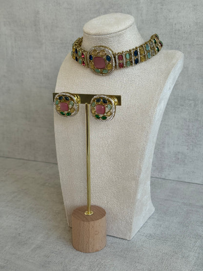 Ayura Designs Kiara Choker Set with Stud Earrings – Multicolour Stones, Moissanite Brilliance & Antique Gold Finish