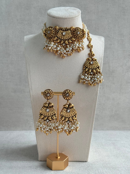 Ayura Designs Sairish Choker Set with Earrings & Tikka – Ivory Beads, Pearl Detailing, Ghungroos, Paisley Motifs & Antique Gold Finish