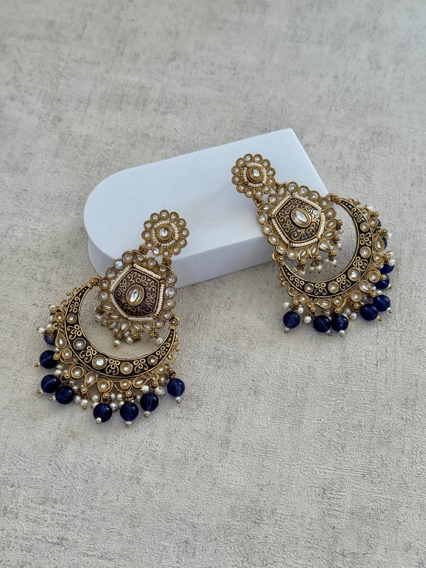 Ayura Designs Safa Antique Gold-Plated Chandbali Earrings with Pearl and Blue Bead Accents