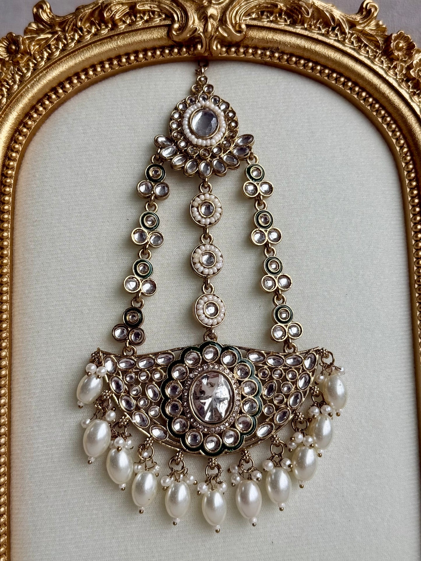 Ayura Designs Uma Jhoomar Passa – Kundan Jhoomar with Ivory Pearl Drops & Green Enamel Detailing
