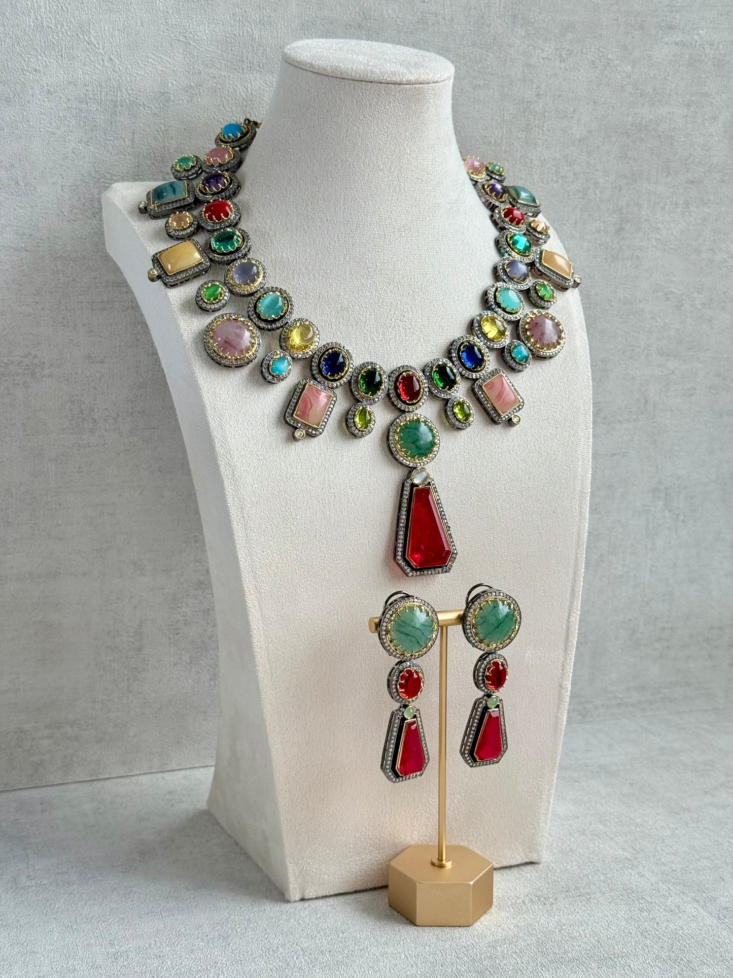 Ayura Designs Ophelia Set with Necklace & Earrings – Navratan Stone Detailing with Antique Silver Finish