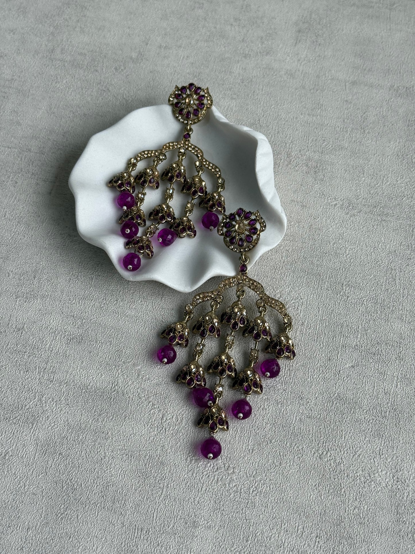 Ayura Designs Jasmine Earrings – Chandelier Earrings with Berry Purple Beads & Antique Gold Finish