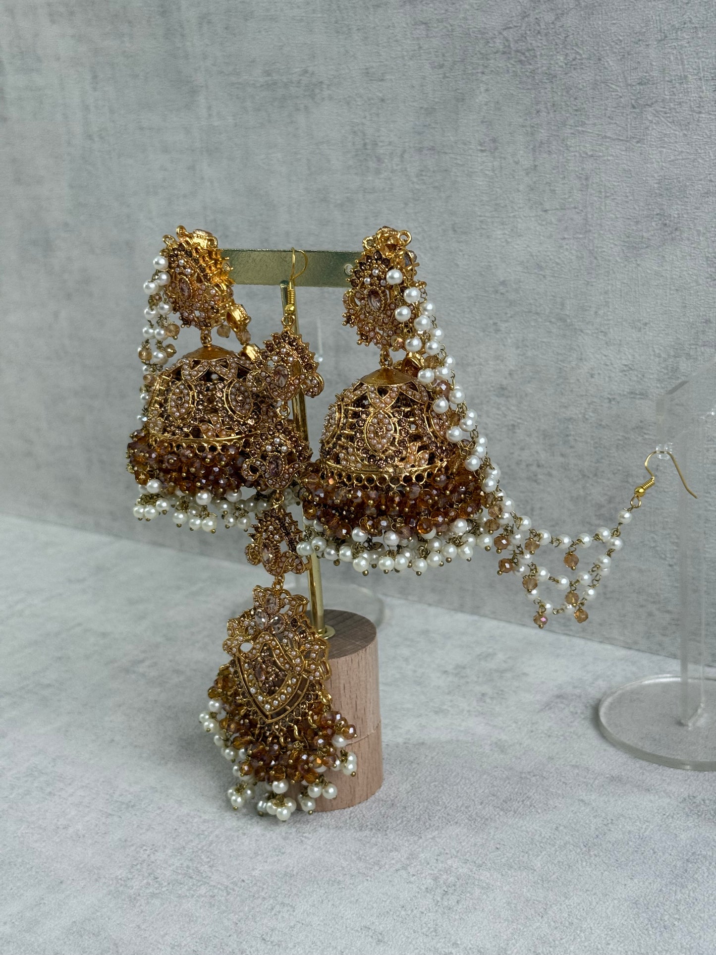Ayura Designs Noor Set – Choker, Jhumkis with Sahare & Tikka in Champagne Gold with Pearl Detailing