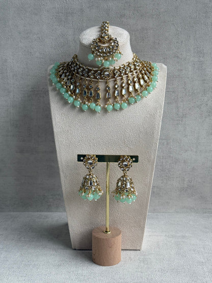 Ayura Designs Shaheen Set with Jhumkis & Tikka – Pistachio Green Beads, Mirror Kundan & Gold Finish